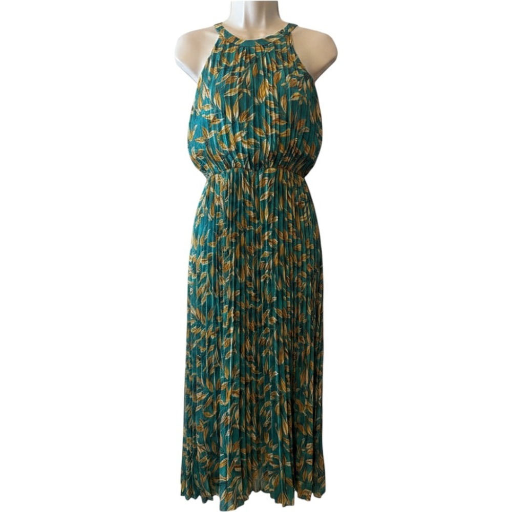 WD·NY‎ Maxi Dress Womens Small Teal Gold Leaf Print Pleated Halter Boho Long